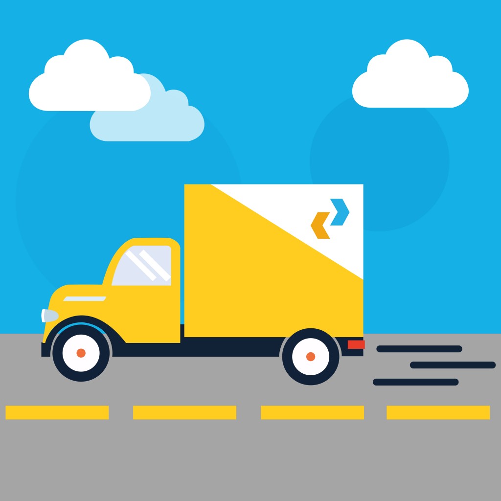 Ilustração do caminhão com o logotipo dos Correios avançando por uma estrada