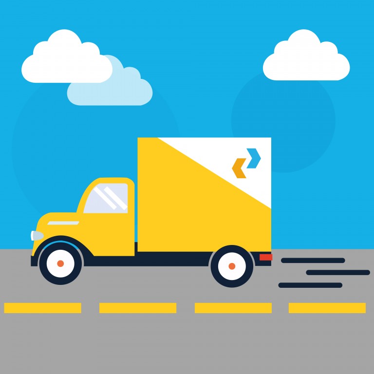 Ilustração do caminhão com o logotipo dos Correios avançando por uma estrada