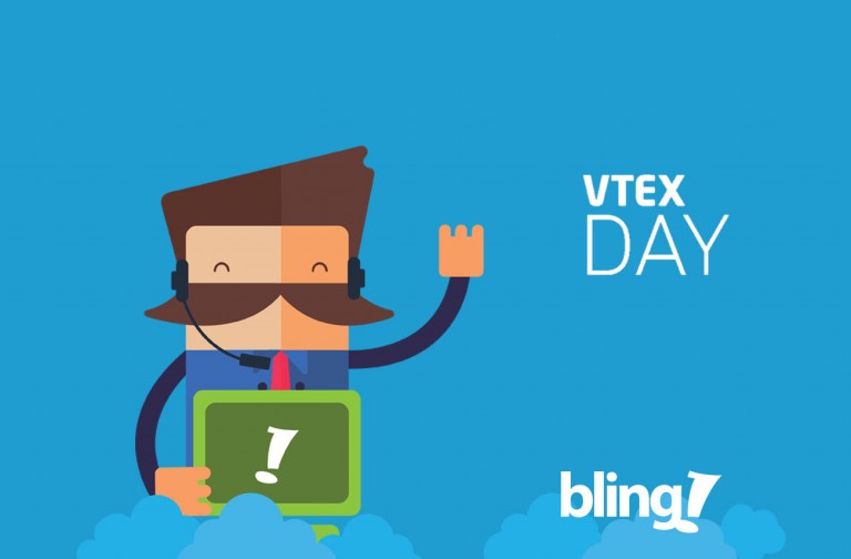 Ilustração do personagem do Bling ao lado do logotipo do Vtex Day