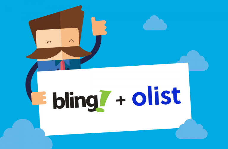 Num fundo azul, aparece o personagem representante do Bling, segurando um quadro com os logotipos do Bling e da Olist