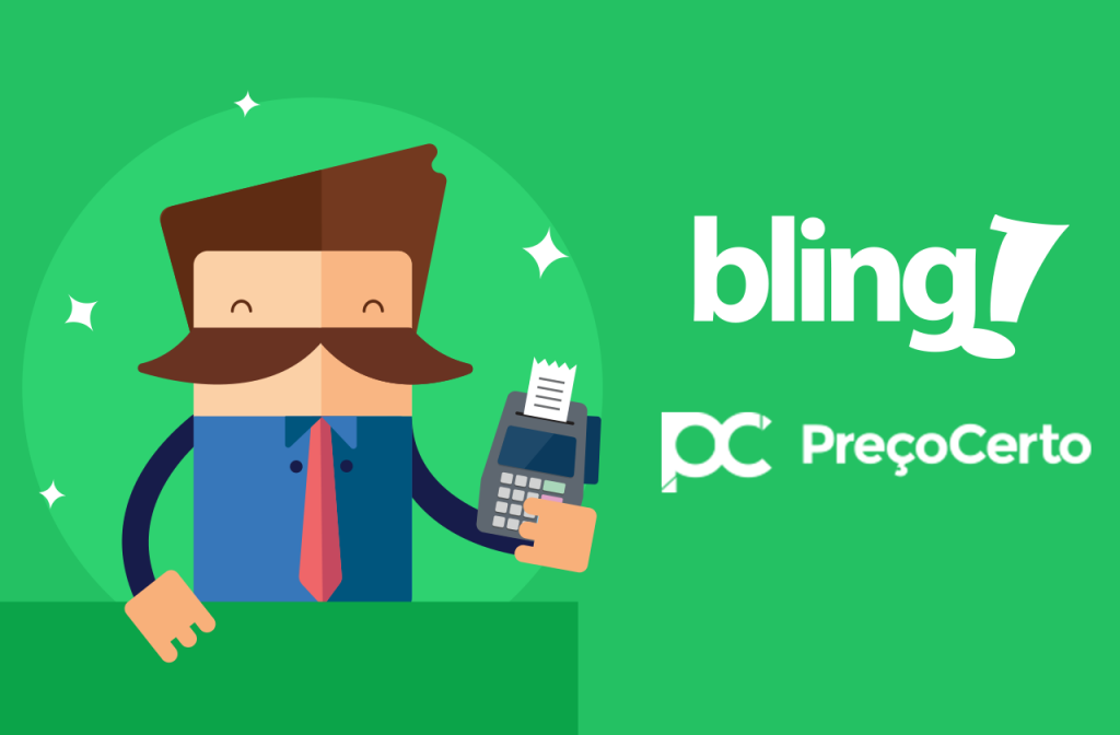 Personagem do Bling ao lado do logotipo do Bling e do logotipo da PreçoCerto