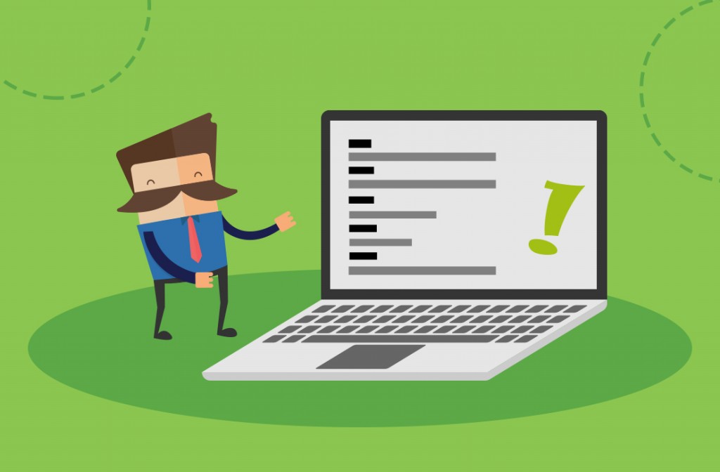 Ilustração do personagem representante do Bling sorrindo e exibindo um computador aberto, com o case de sucesso Shop Manola