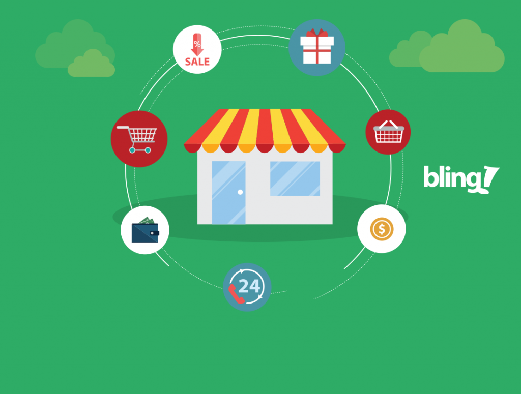 Ilustração de uma fachada de loja com vários ícones flutuando ao redor, representando o comércio eletrônico