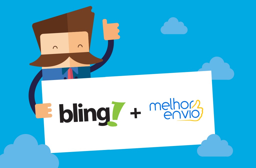 Ilustração de um personagem do Bling segurando uma placa com os logotipos do Bling e da Melhor Envio