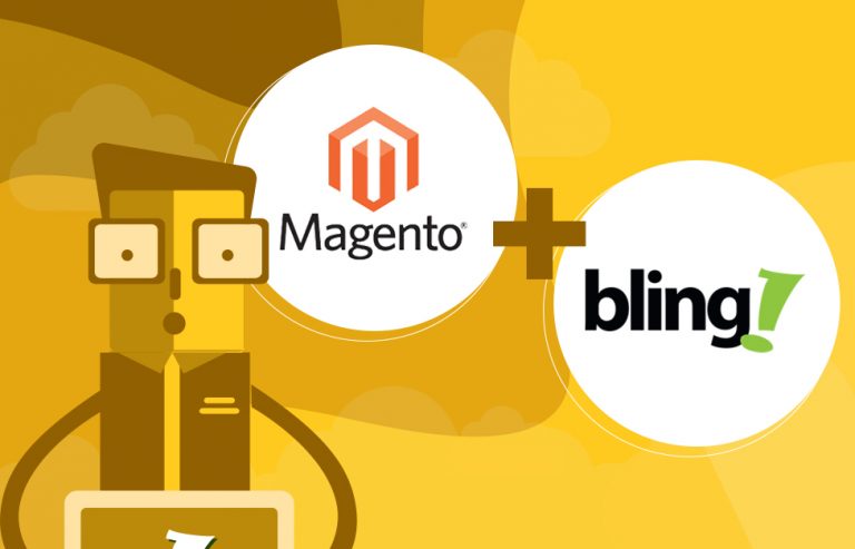Personagem característico do Bling com olhar surpreso, ao lado dos logotipos do Bling e do Magento
