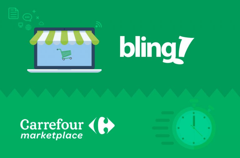 Desenho de um notebook com um carrinho de supermercado na tela, ao lado o logotipo do Bling, e abaixo o logotipo do Carrefour Marketplace
