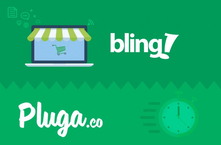 Desenho de um notebook com um carrinho de supermercado na tela, ao lado o logotipo do Bling, e abaixo o logotipo da Pluga.co