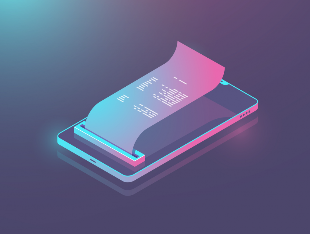 Ilustração de um aparelho celular com uma nota fiscal saindo da sua tela