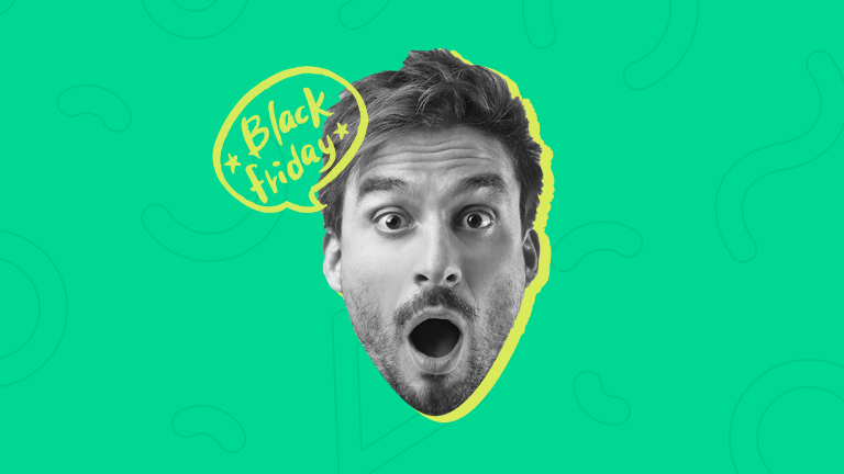 Cabeça de um homem com expressão de surpresa, com um balão de fala com o texto "Black friday"