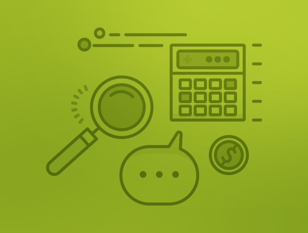 Ilustração de vários objetos relacionados ao Simples Nacional: uma lupa, uma calculadora, uma moeda, etc