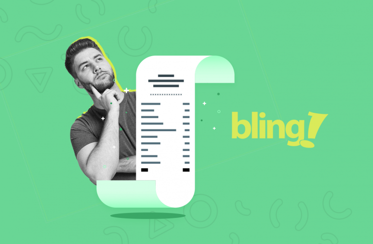 Homem confuso e pensativo, refletindo sobre o ISS atrás de uma nota fiscal de serviços gigante, ao lado do logotipo do Bling