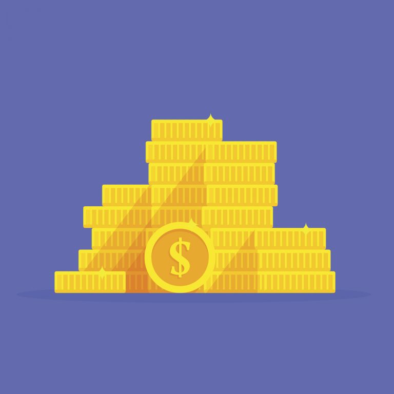 Em um fundo roxo, várias moedas amarelas estão empilhadas, representando o lucro