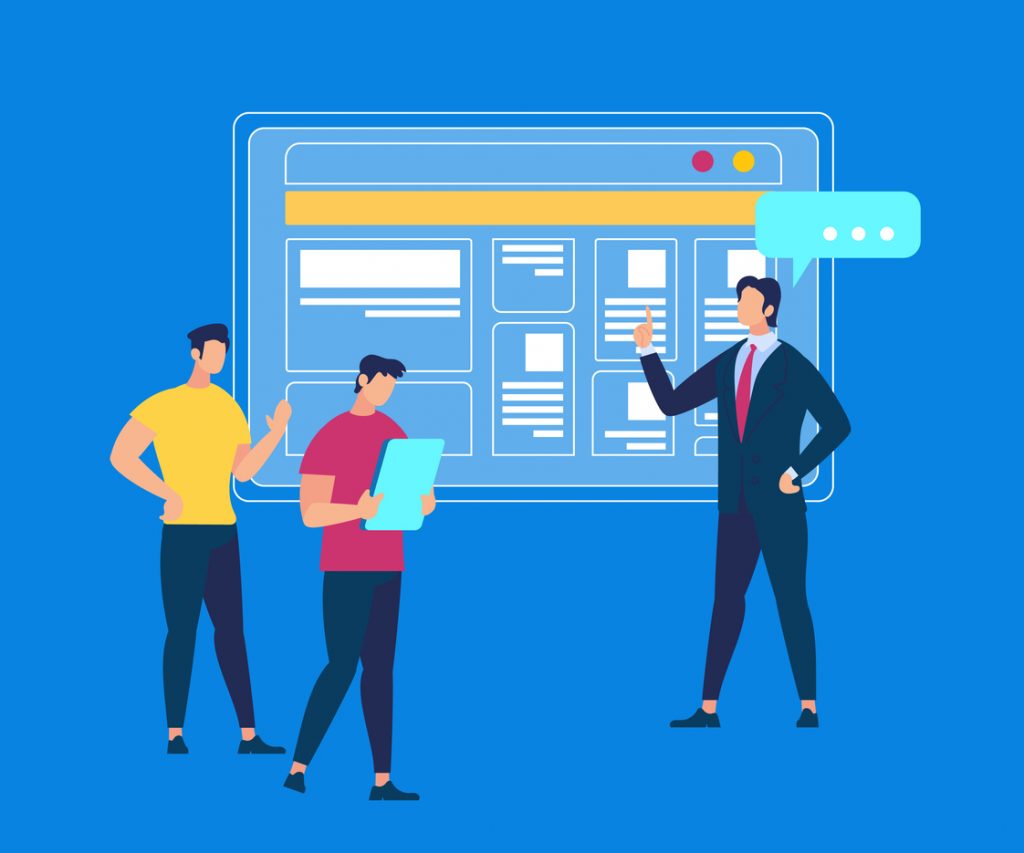 Desenho com um empresário explicando para outras pessoas como fazer a gestão da empresa