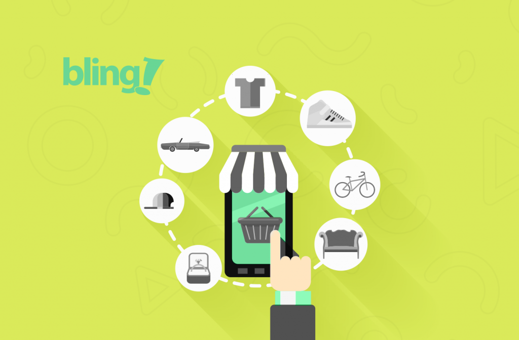 Ilustração de um celular no meio de vários ícones de objetos que podem ser comprados online (sapatos, camisetas, eletrônicos, etc)