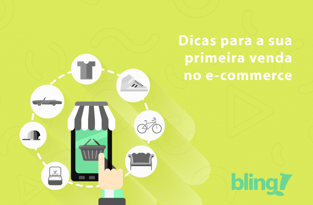 Logotipo do Bling com a frase "Dicas para a sua primeira venda no e-commerce" aparecem ao lado de uma ilustração de um celular no meio de vários ícones de objetos