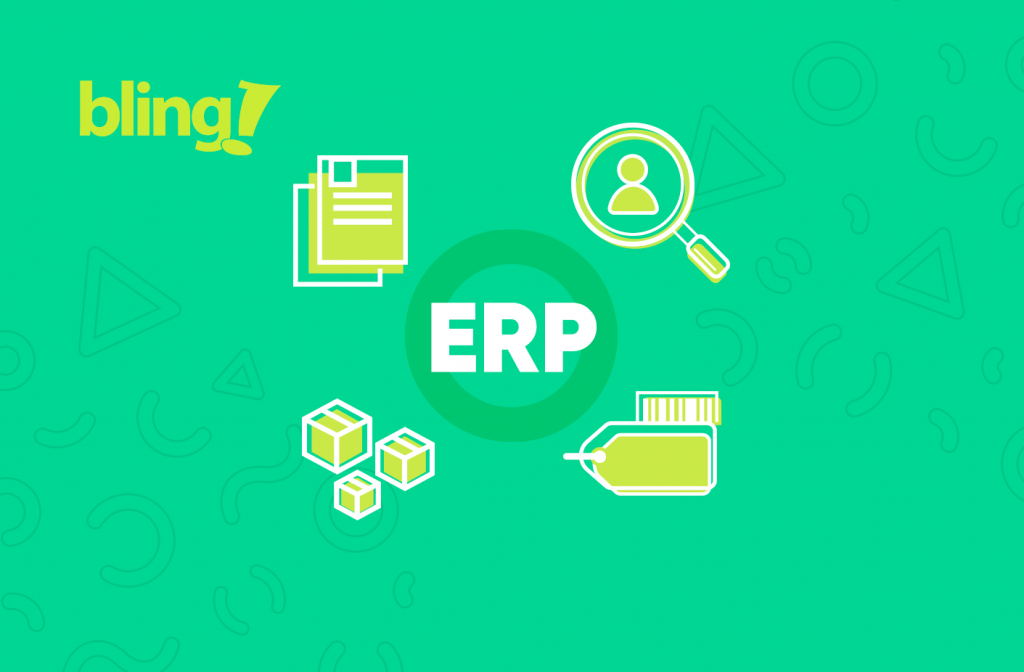 Gráfico com a sigla ERP no centro, rodeado de ícones representando a gestão do empreendimento: contas, pessoas, estoque, vendas