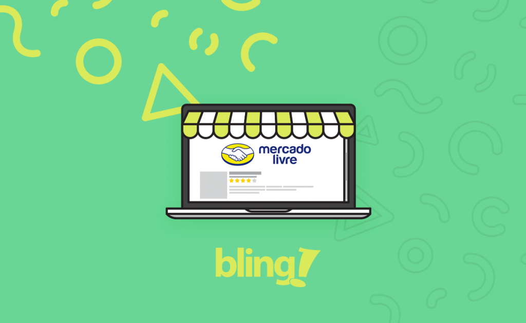 Ilustração de um notebook enfeitado como a fachada de uma loja e com o logotipo do Mercado Livre no centro da tela