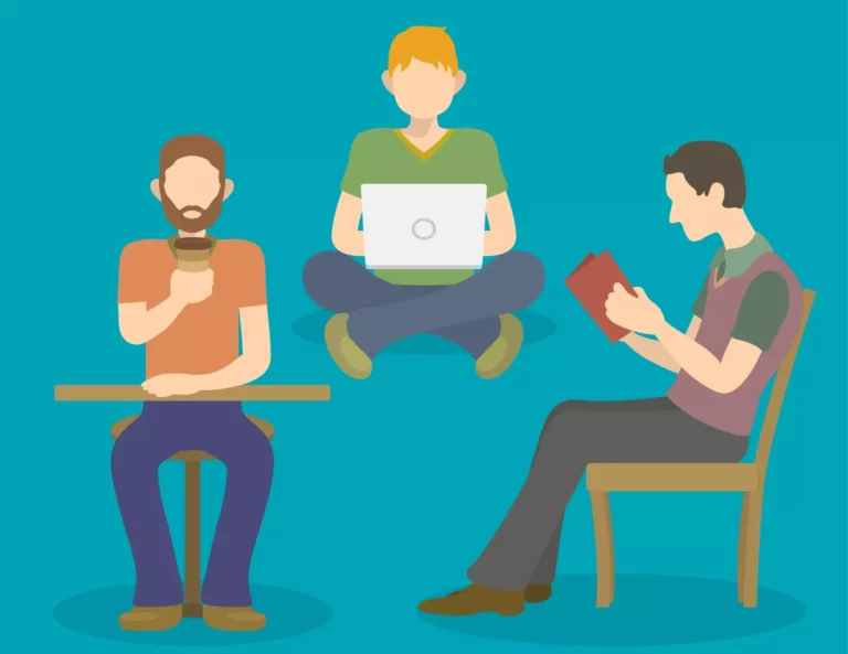 Desenho de três pessoas sentadas, uma delas acessando o computador