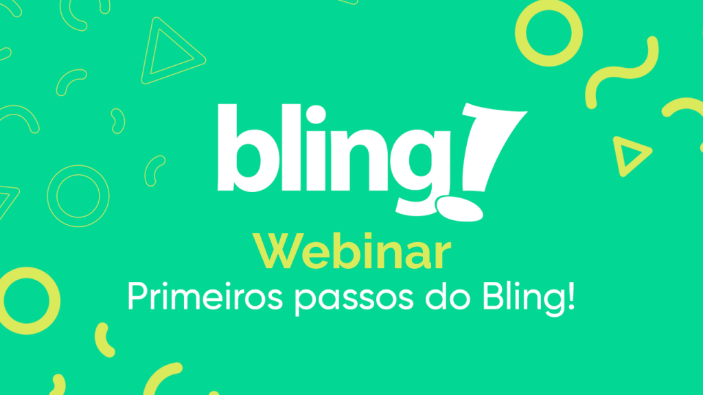 Gráfico com o logotipo do Bling em destaque no centro, e o texto "Webinar Primeiros passos do Bling!" logo abaixo