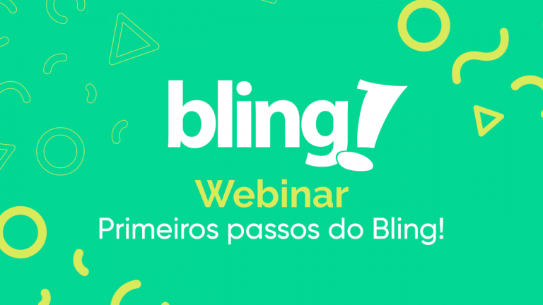 Gráfico com o logotipo do Bling em destaque no centro, e o texto "Webinar Primeiros passos do Bling!" logo abaixo