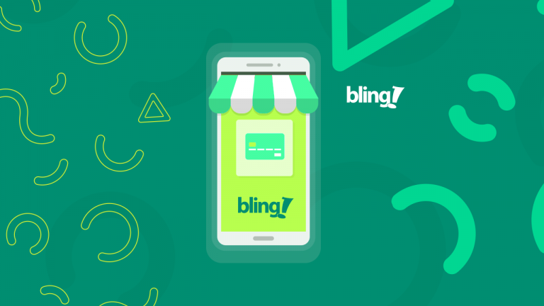 Ilustração de um telefone celular, com o logotipo do Bling aparecendo na tela, junto de um cartão de crédito, representando a transformação digital