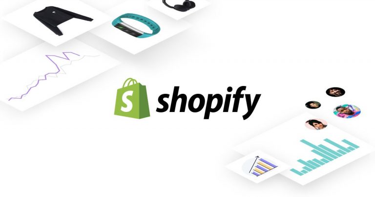 Ilustração de elementos voltados ao e-commerce, com o logotipo da Shopify em grande destaque no centro da imagem