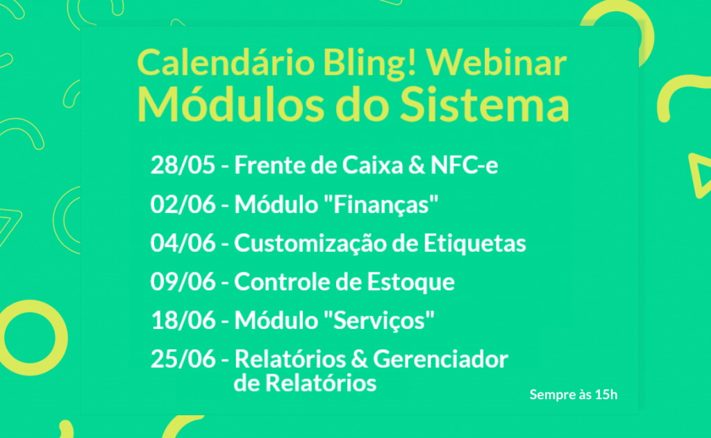 Ilustração gráfica simples, com o texto "Módulos do sistema" em destaque, seguido das datas dos webinars do mês de Junho