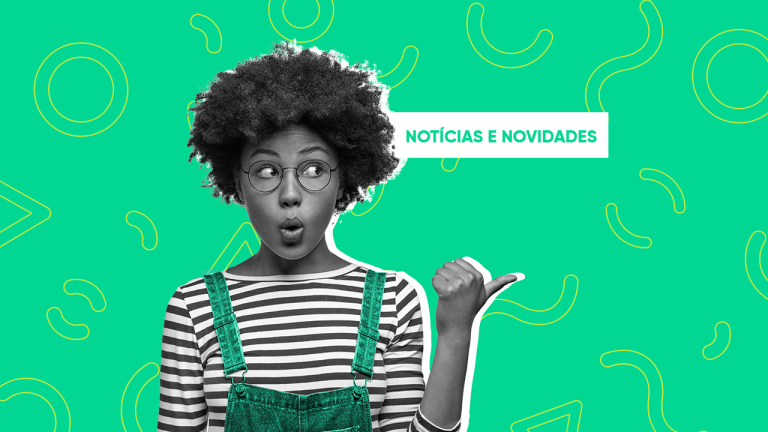 Mulher com expressão de susto e preocupação apontando para o lado, onde aparece o texto "Notícias e novidades"