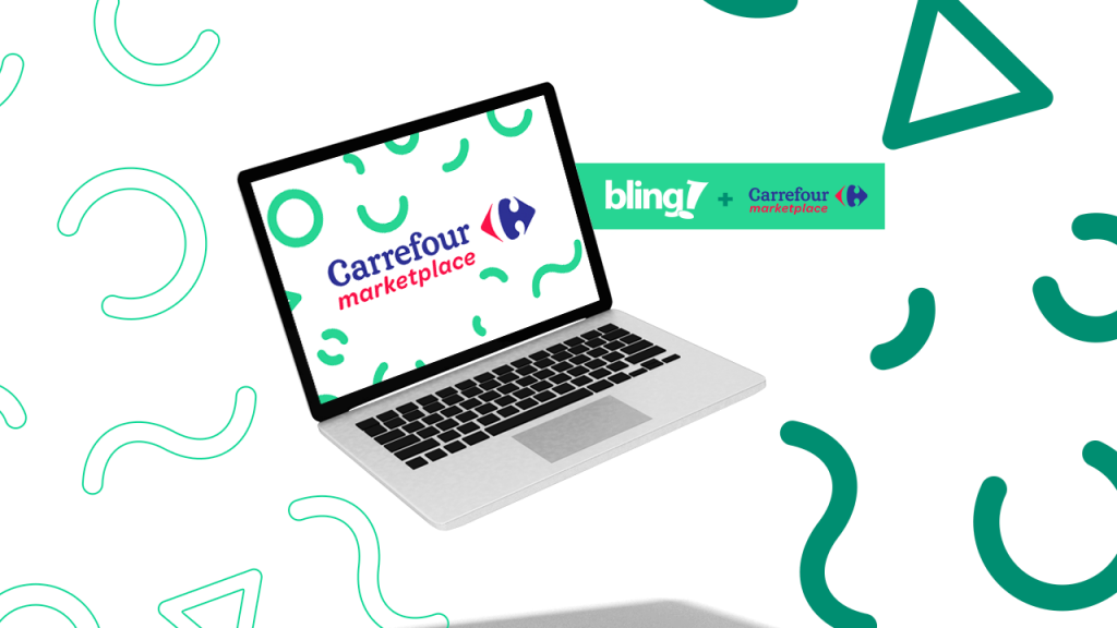 Ilustração de um notebook com o logotipo do Carrefour Marketplace na tela