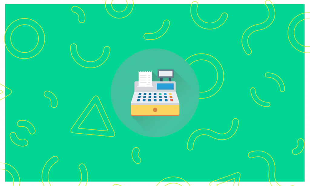 Ilustração de um caixa registrador de vendas de loja em um fundo verde, cor do Bling
