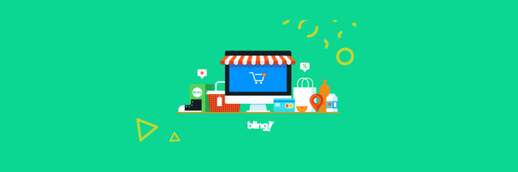 Ilustração mostrando uma tela de computador enfeitada como se fosse uma fachada de loja, com diversos ícones representando compras online