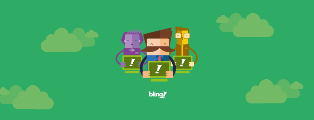 Ilustração com os personagens do Bling, cada um segurando um ícone que representa o Bling